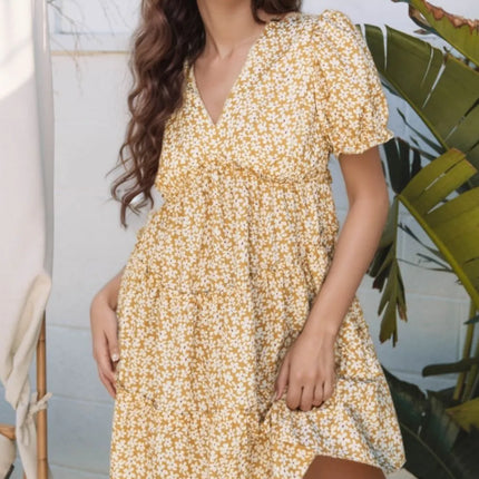 Floral Short Sleeve Surplice Frilly Tiered Mini Dress - Image 2