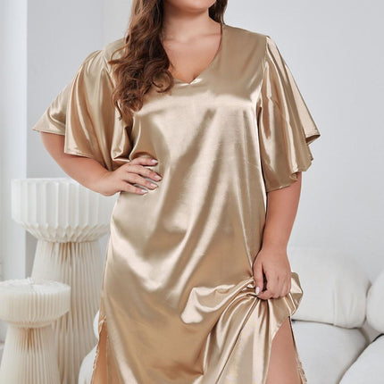 Plus Size Flutter Sleeve V-Neck Side Slit Night Gown - Image 4