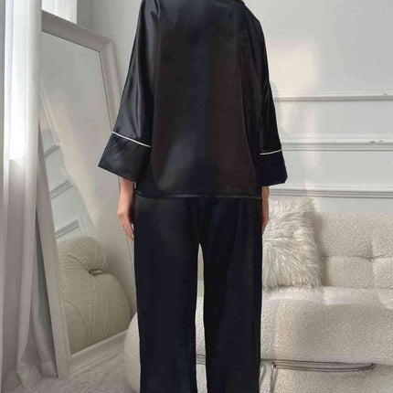 Contrast Piping Button-Up Top and Pants Pajama Set - Image 2