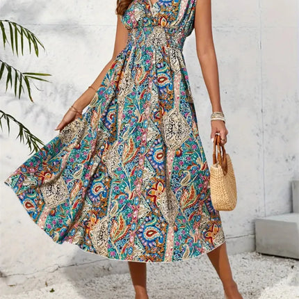 Smocked Printed Surplice Sleeveless Midi Dress - Image 4