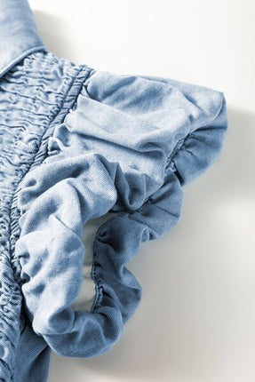 Smocked Collared Neck Cap Sleeve Denim Dress - Image 12