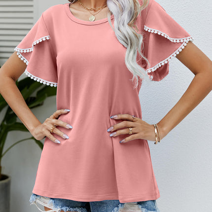Pom-Pom Trim Flutter Sleeve Round Neck Tee - Image 15