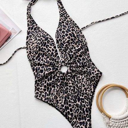 Leopard Halter Neck Ring Detail One-Piece Swimsuit - Image 3
