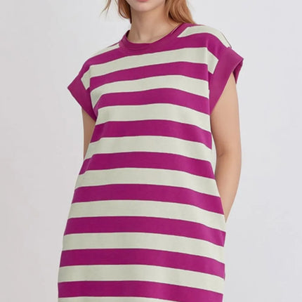 Stripe Cap Sleeve Pocketed Shift Tee Dress - Image 1