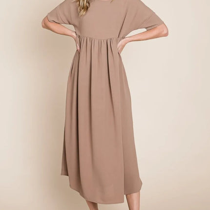 BOMBOM Round Neck Ruched Midi Dress - Image 1