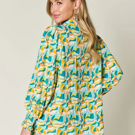 Double Take Full Size Printed Smocked Long Sleeve Blouse - Image 2