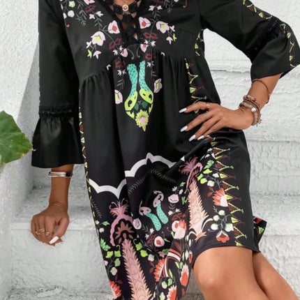 Lace Detail Printed Three-Quarter Sleeve Dress - Image 9