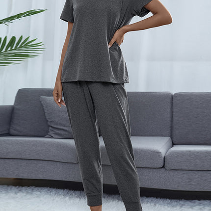 Shiny Round Neck Short Sleeve Top and Pants Set - Image 14