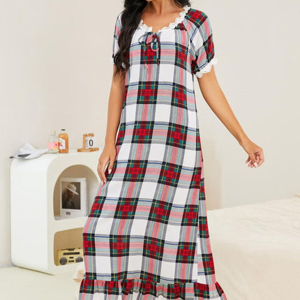 Plaid Lace Trim Ruffle Hem Night Dress - Image 3
