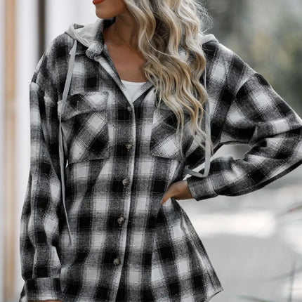 Double Take Drawstring Plaid Long Sleeve Hooded Shacket - Image 9