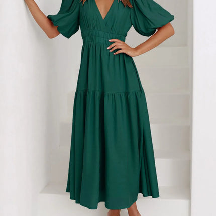V-Neck Puff Sleeve Midi Dress - Image 22