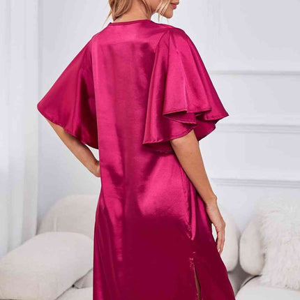 Satin Flutter Sleeve Side Slit V-Neck Night Dress - Image 2