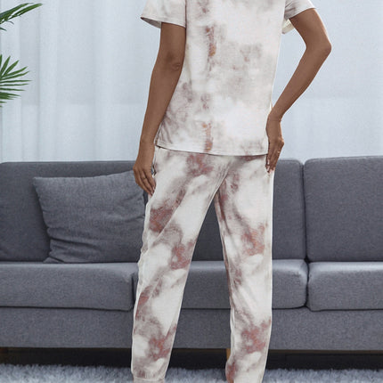 Shiny Tie-Dye Round Neck Short Sleeve Top and Pants Lounge Set - Image 2