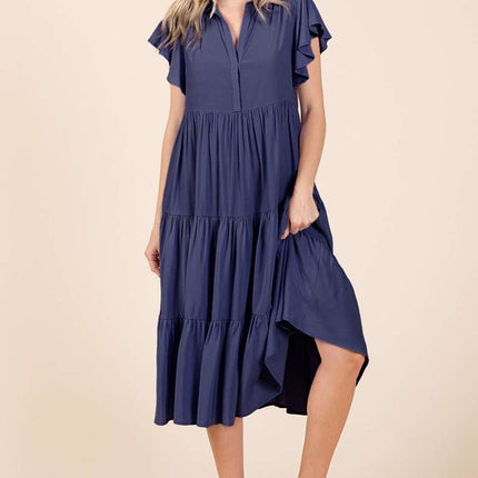 Mittoshop Ruffle Sleeve Collared V Neck Tiered Midi Dress - Image 4