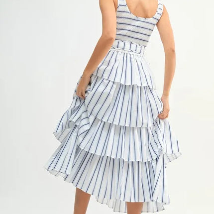 MABLE Pin Stripe Smocked Bodice Layered Midi Dress - Image 4