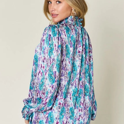 Double Take Full Size Printed Smocked Long Sleeve Blouse - Image 4