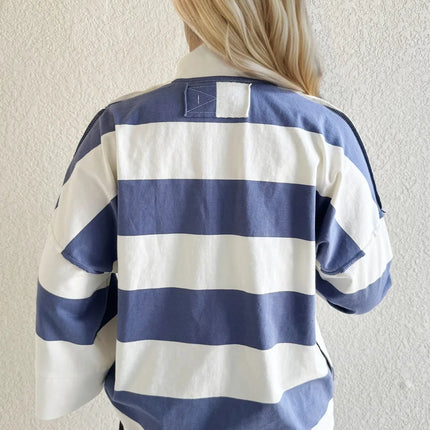 Oh Pima Cotton Wash Striped Half Zip Mock Neck Long Sleeve Top - Image 3