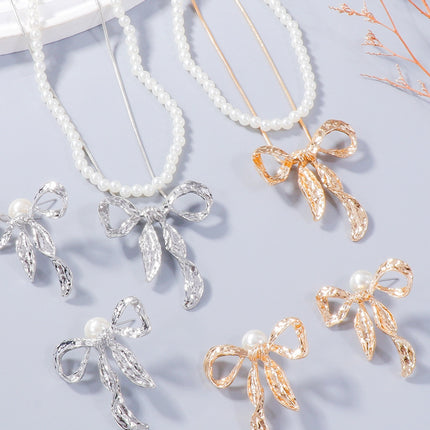 Synthetic Pearl Necklace, Bow Necklace and Bow Earrings Jewelry Set - Image 1