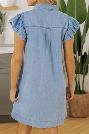 Smocked Collared Neck Cap Sleeve Denim Dress - Image 4