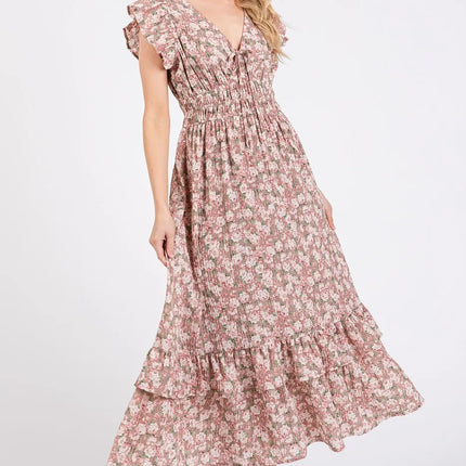 Mittoshop Flower Print Ruffle Cap Sleeve V-neck Midi Dress - Image 1
