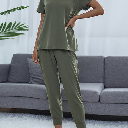 Shiny Round Neck Short Sleeve Top and Pants Set - Image 6