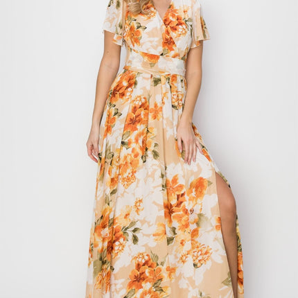 HYFVE Floral Tie Back Short Sleeve Slit Maxi Dress - Image 1