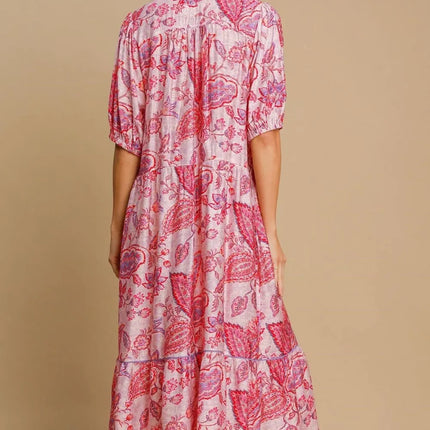 Umgee Full Size Ruffled Hem Floral Paisley Print Half Sleeve Midi Dress Plus Size - Image 3