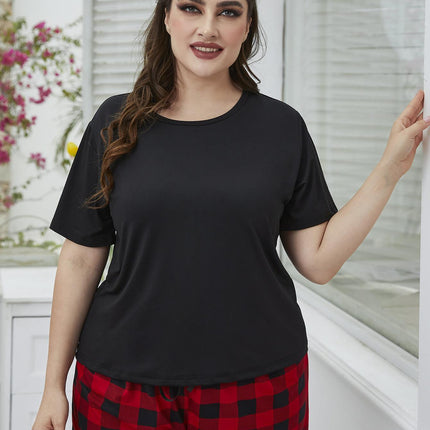 Plus Size Round Neck Tee Shirt and Plaid Shorts Lounge Set - Image 1