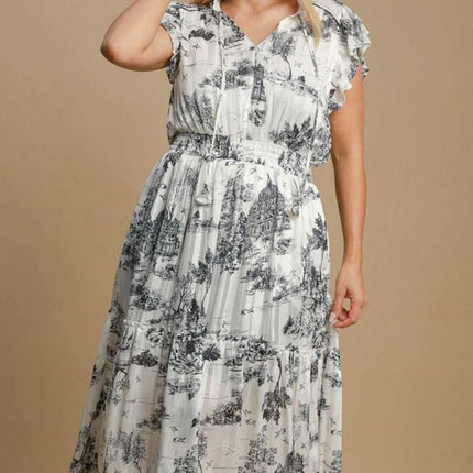 Umgee Full Size Two Tone Landscape Print Midi Dress Plus Size - Image 2