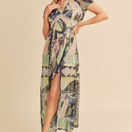 Aemi + Co Lace Detail Slit Geometric Print Short Sleeve Maxi Dress - Image 7