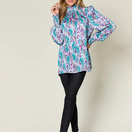 Double Take Full Size Printed Smocked Long Sleeve Blouse - Image 5