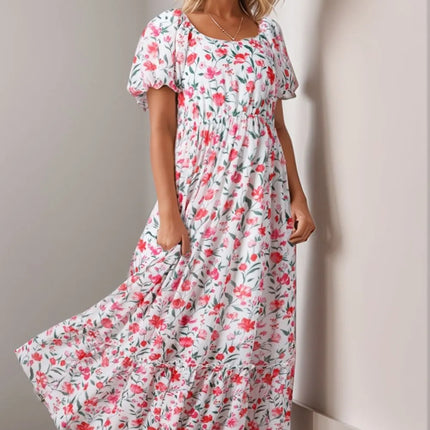 Floral Short Puff Sleeve Tiered Dress - Image 3