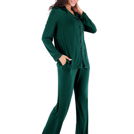 Collared Neck Long Sleeve Loungewear Set with Pockets - Image 5