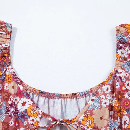 Floral Puff Sleeve Square Neck Knot Open Back Mini Dress - Image 8