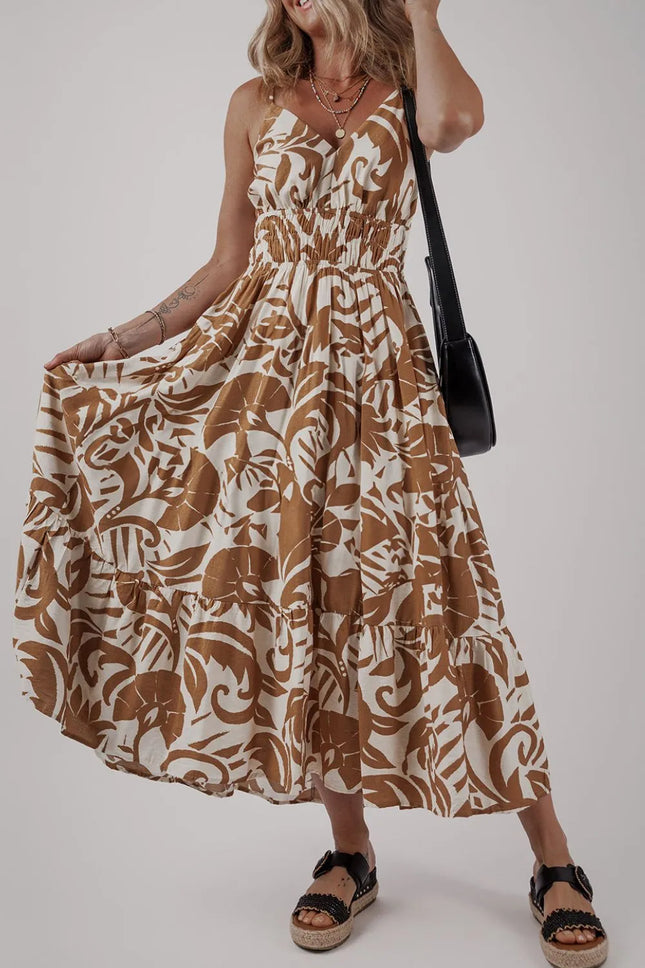 Floral Shirred High Waist Spaghetti Straps Dress