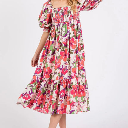 Mittoshop Flower Print Puff Sleeve Ruffle Smocked Midi Dress - Image 3