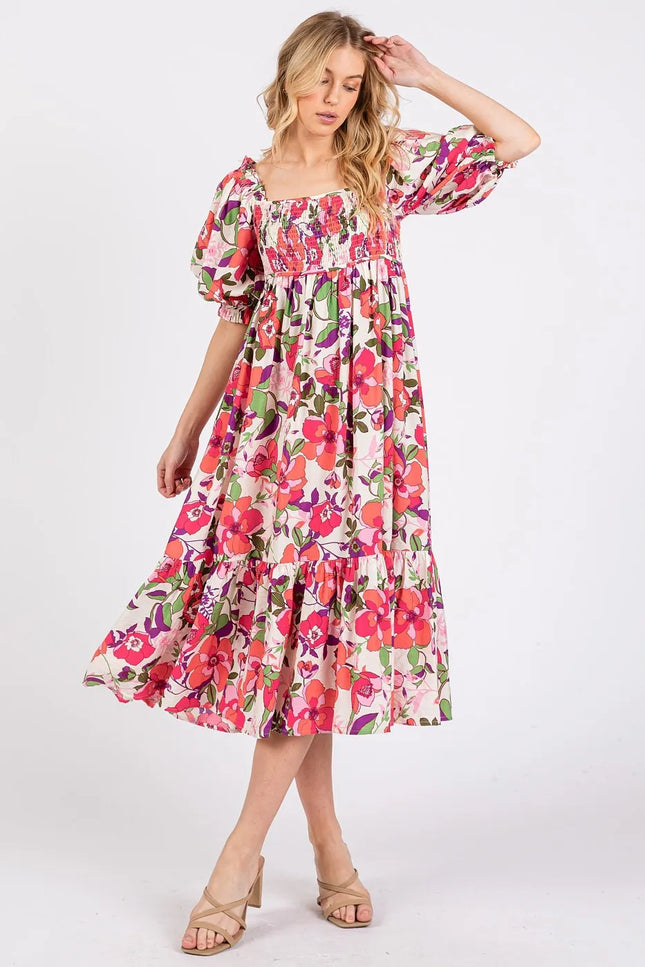 Mittoshop Flower Print Puff Sleeve Ruffle Smocked Midi Dress