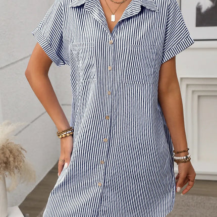 Striped Button Down Short Sleeve Mini Dress - Image 8