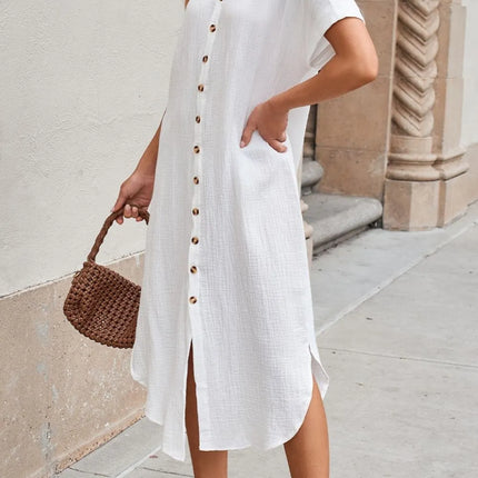 Button Down Short Sleeve Midi Shirt Dress - Image 5