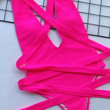 Halter Neck Deep V Tied One-Piece Swimsuit - Image 4