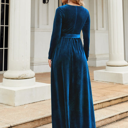 Tie Front Round Neck Long Sleeve Maxi Dress - Image 17