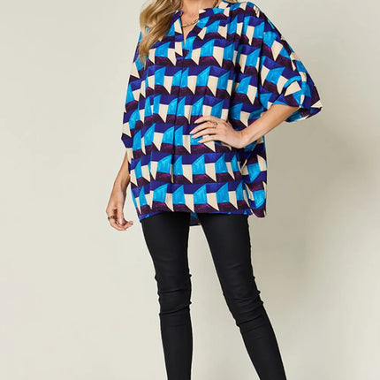 Double Take Full Size Geometric Notched Half Sleeve Blouse - Image 4