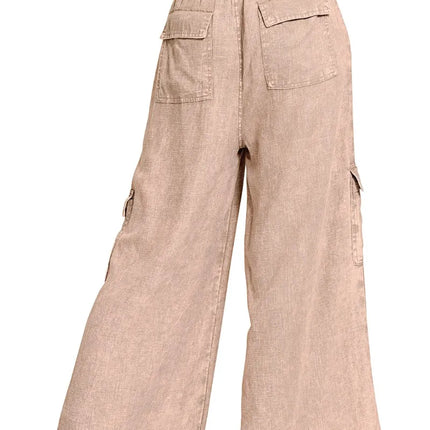 Zenana Washed Linen Elastic Band Waist Cargo Pants - Image 2