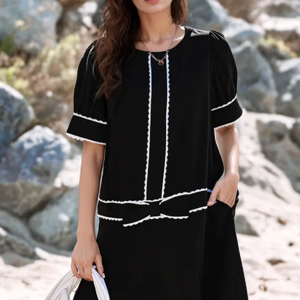 Contrast Scallop Trim Bow Detail Short Sleeve Shift Dress - Image 1