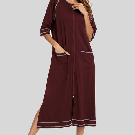 Zip Up Slit Round Neck Night Dress with Pockets - Image 13