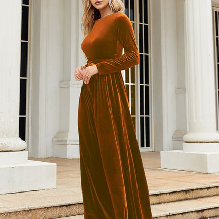 Tie Front Round Neck Long Sleeve Maxi Dress - Image 6