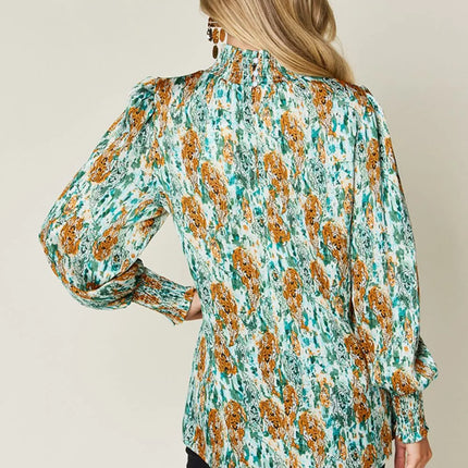 Double Take Full Size Printed Smocked Long Sleeve Blouse - Image 30