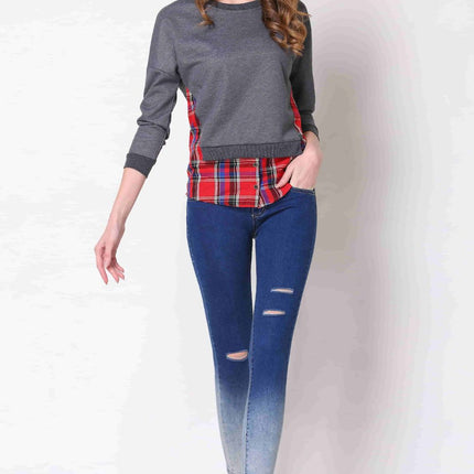 Full Size Plaid Patch Drop Shoulder Round Neck Top - Image 7