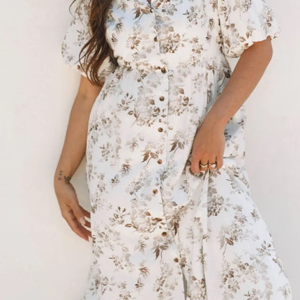 Printed Button Front Puff Sleeve Dress - Image 4