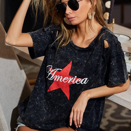 BiBi Laser Cut Mineral Washed Jersey Top with  America - Image 1